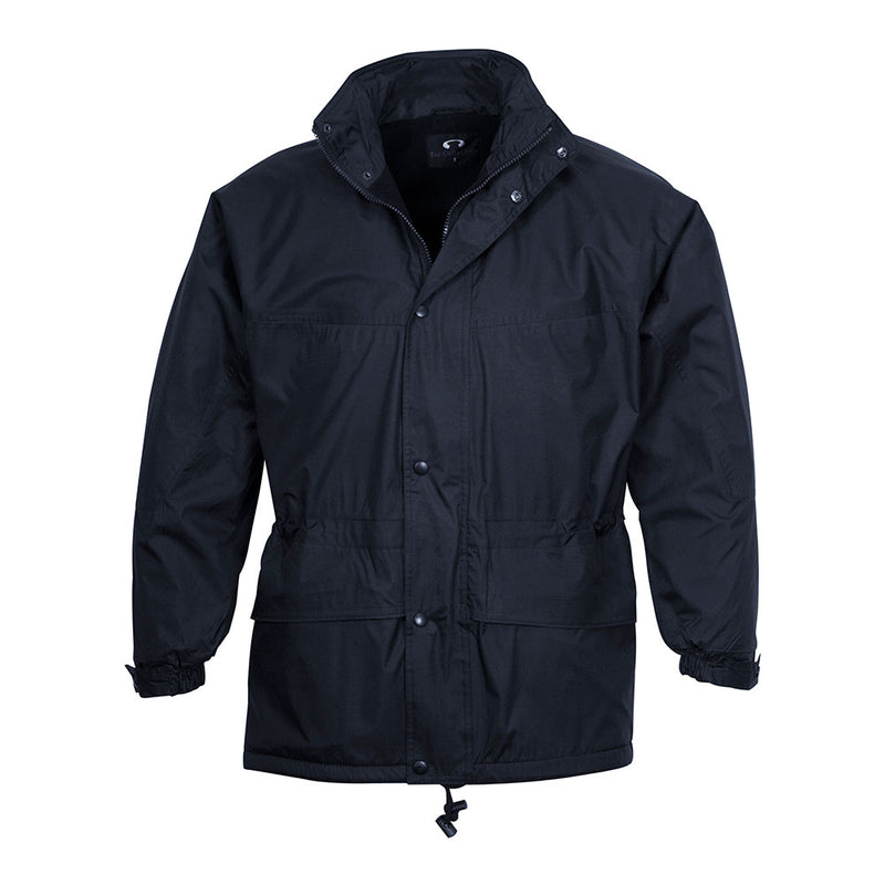 Load image into Gallery viewer, Biz Trekka Jacket featuring a seam-sealed waterproof exterior, high wind collar with stowaway hood, dual-entry pockets, and adjustable features, designed for outdoor durability and functionality.