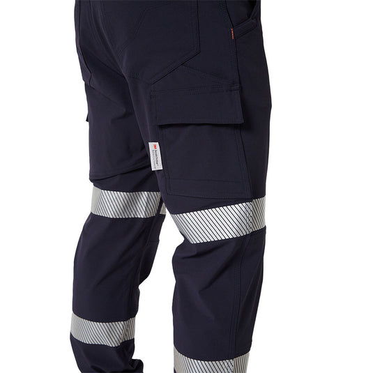 Jetpilot Jet-Lite Stretch Tape Utility Pant, Navy, showcasing cargo pockets and reflective 3M Scotchlite bands for enhanced visibility, ideal for safety-focused work environments and outdoor activities.