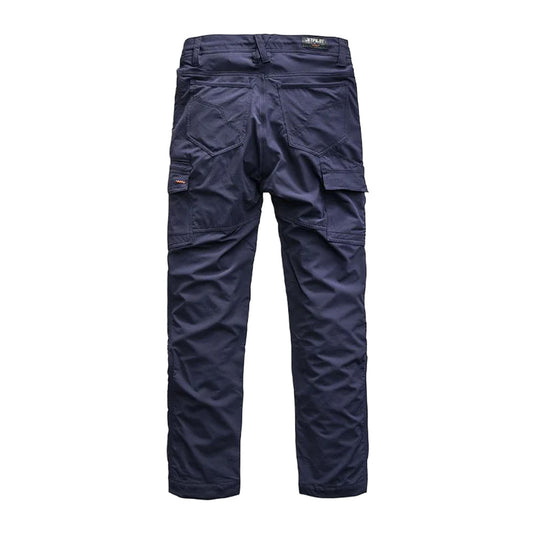 Jetpilot Jet-Lite Utility Pant, shown from the back, features dual rear patch pockets, flap cargo pockets, reinforced knees, and belt loops, embodying durable workwear with practical design for safety-focused environments.