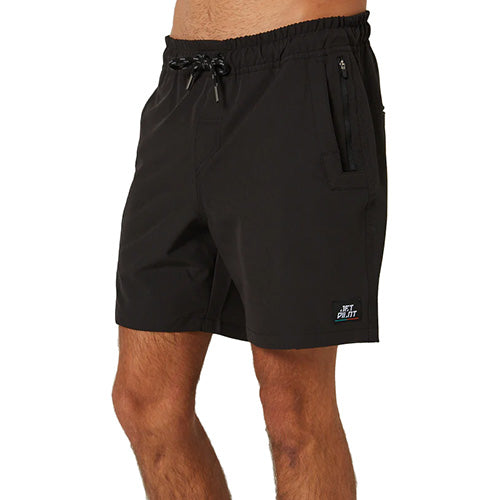 Jet-Lite Hybrid Elastic Waist Short showcased on a male model, featuring reinforced front entry pockets, secure zip-lock pockets, and a heavy-duty jacquard logo waistband, ideal for active safety and work environments.