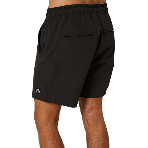 Jet-Lite Hybrid Elastic Waist Short showcased worn by a man, featuring reinforced front entry pockets, secure zip-lock pockets, and a heavy-duty jacquard logo waistband, ideal for active and safety-focused environments.