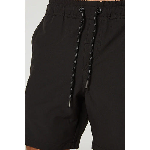 Jet-Lite Hybrid Elastic Waist Short featuring a person wearing black shorts, highlighting the reinforced front entry pockets, secure zip-lock pockets, and heavy-duty jacquard logo waistband, ideal for safety-focused active environments.