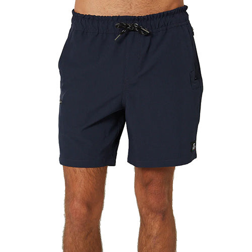 Jet-Lite Hybrid Elastic Waist Short showcased by a man, featuring reinforced front entry pockets, secure zip-lock pockets, and triple stitch construction, embodying durability and comfort suitable for active safety environments.