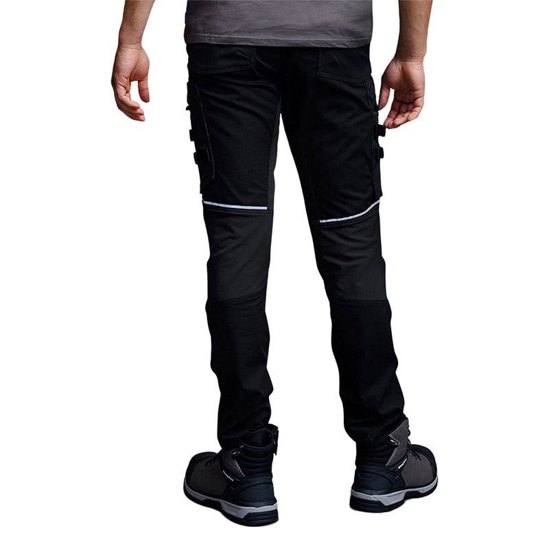 Load image into Gallery viewer, KingGee Quantum Lightweight Stretch Ripstop Pants, Black, shown from the back, featuring slim-fit design, side pockets, reflective trims, and paired with high-top work boots, ideal for active workplace environments.