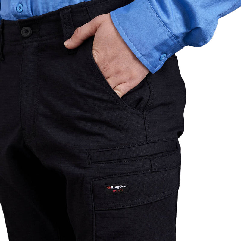 Load image into Gallery viewer, King Gee Workcool Ripstop Pro Pant, featuring a comfort gel waistband and multiple functional pockets, showcases a person with a hand in the pocket, emphasizing practicality and durability for active work environments.