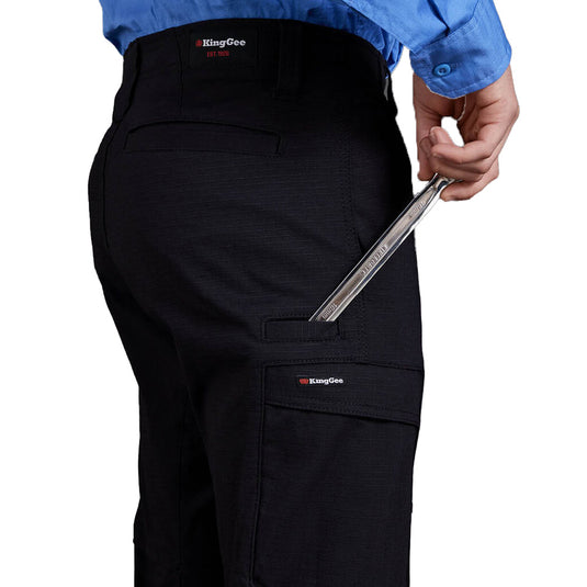 King Gee Workcool Ripstop Pro Pant with stretch ripstop fabric and a comfort gel waistband, shown with a tool pocket, emphasizing durability and multi-functional pockets for hands-free convenience.