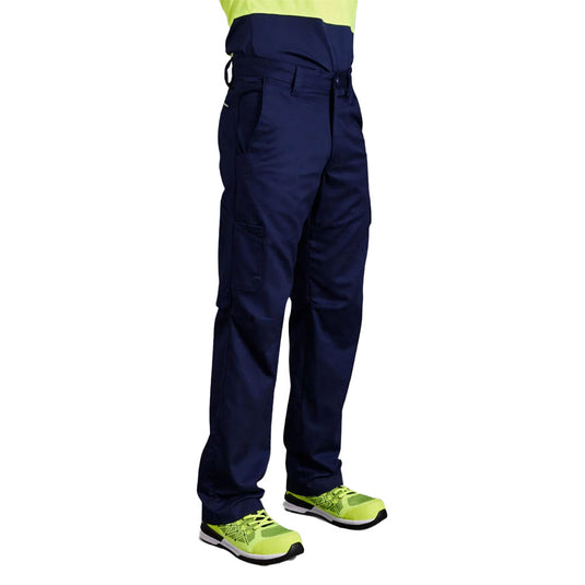 King Gee Workcool Trouser with contoured fit features behind-the-knee cooling vents and ten multifunctional pockets, reinforced with triple stitching, ideal for maintaining comfort in hot working conditions.
