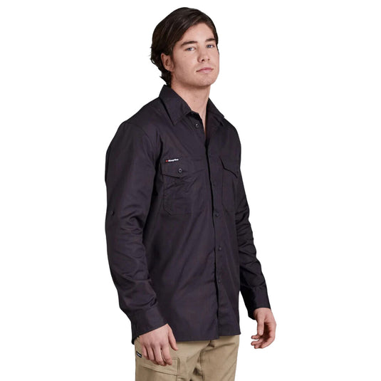 KingGee Workcool 2 Cotton Ripstop Long Sleeve Shirt featuring lightweight, breathable fabric, two secure chest pockets with pen partition, and cooling vents, designed for maximum comfort in hot working conditions.