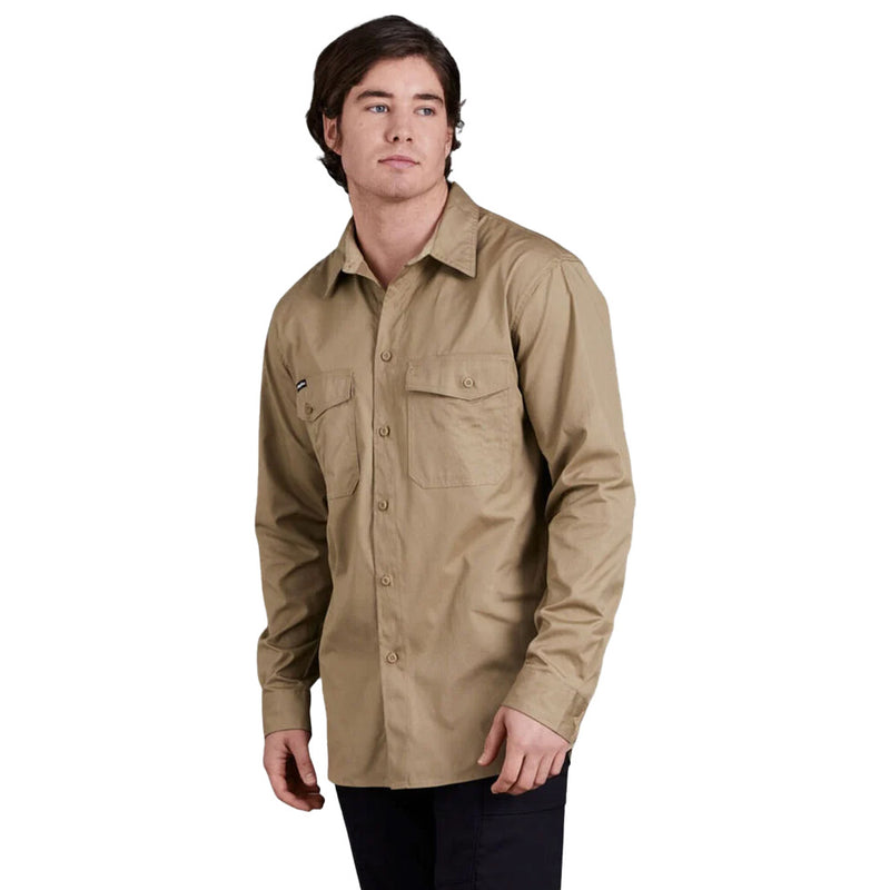 Load image into Gallery viewer, KingGee Workcool 2 Cotton Ripstop Long Sleeve Shirt featuring lightweight, breathable fabric with cooling vents, two secure chest pockets, pen partition, and a sun-protective collar, ideal for hot working conditions.