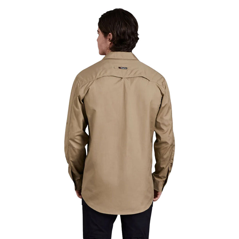 Load image into Gallery viewer, KingGee Workcool 2 Cotton Ripstop Long Sleeve Shirt featuring lightweight, breathable fabric, two secure chest pockets with pen partition, underarm and back cooling vents, and a 3-piece collar for sun protection.