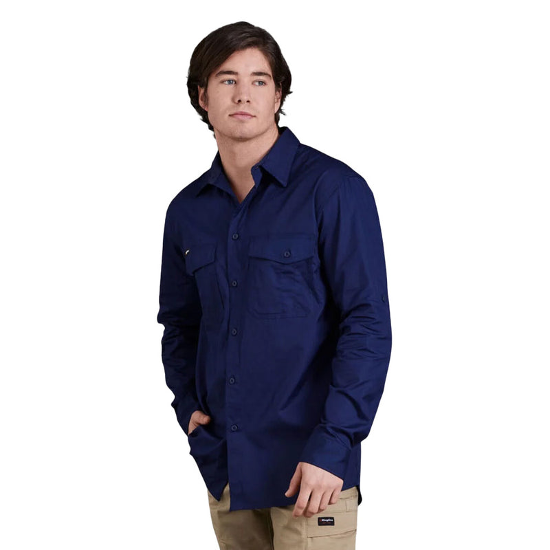 Load image into Gallery viewer, KingGee Workcool 2 Cotton Ripstop Long Sleeve Shirt featuring lightweight fabric, chest pockets with pen partition, and cooling vents underarms, upper back, and sides, ideal for comfort in hot work conditions.