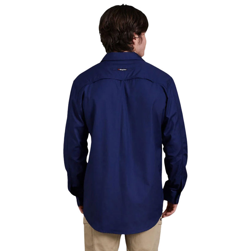 Load image into Gallery viewer, KingGee Workcool 2 Cotton Ripstop Long Sleeve Shirt featuring lightweight, breathable fabric, secure chest pockets, cooling vents, and a sun-protective collar, ideal for maintaining comfort in hot work environments.