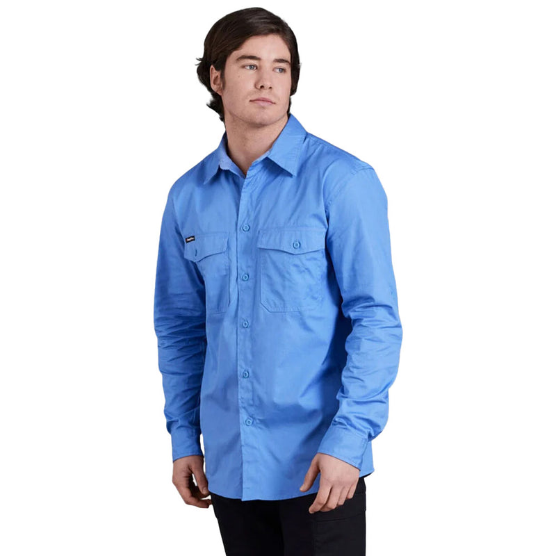 Load image into Gallery viewer, KingGee Workcool 2 Cotton Ripstop Long Sleeve Shirt with breathable fabric, secure chest pockets, underarm and back cooling vents, and a sun-protective collar, ideal for hot work environments.
