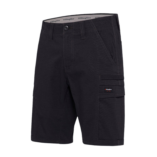 King Gee Workcool Pro Shorts, crafted from stretch ripstop fabric, designed for durability and comfort with a comfort gel waistband and nine multifunction pockets, ideal for active workplace environments.