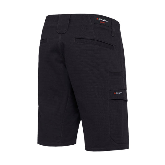 King Gee Workcool Pro Shorts featuring a side logo, pocket, and comfort gel waistband, designed for durability and movement with stretch ripstop fabric and multifunctional pockets, ideal for active safety environments.