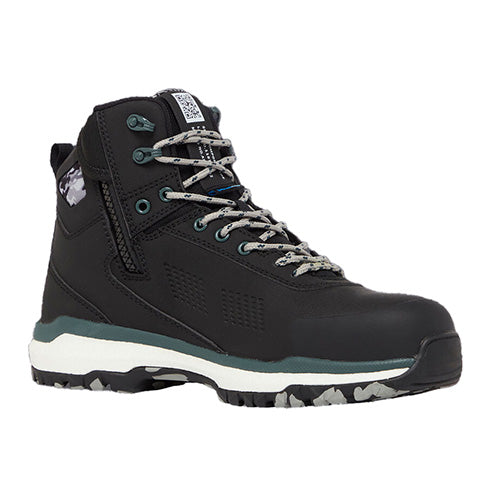 Load image into Gallery viewer, Terra Firma Composite Toe Safety Boot, Black/Green, featuring white laces and a robust design. Ideal for active safety environments, this vegan-friendly boot offers superior protection with a composite toe cap and non-slip outsole.