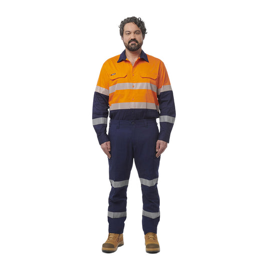 Workcool Pro Stretch Biomotion Pants, Navy, featuring segmented ReflectTec tape and multifunctional pockets, display breathable fabric with knee cooling vents and a comfort waistband, ideal for active job site use.