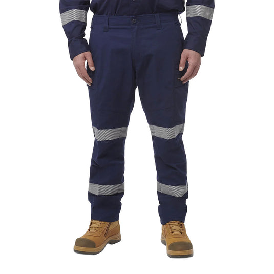 Workcool Pro Stretch Biomotion Pants, Navy, featuring breathable fabric, cooling vents behind the knee, segmented ReflectTec taping, and multi-functional pockets, designed for durability and enhanced movement on job sites.