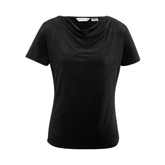 Biz Womens Ava Top with a luxurious jersey knit and softly draped neckline, offering an elegant look for professional settings. Features a flattering silhouette, perfect for enhancing any career wardrobe.