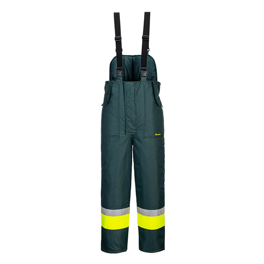 Huski Hi Vis Contrast Freezer Bib and Brace, featuring adjustable braces, zip legs with reflective tape, and waterproof fabric; designed for warmth and safety in demanding work environments.