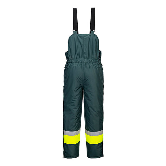 Huski Hi Vis Contrast Freezer Bib and Brace features adjustable black straps, reflective stripes on pants, and a green cover. Designed for safety, it offers waterproof protection and warmth, ideal for workplace conditions.