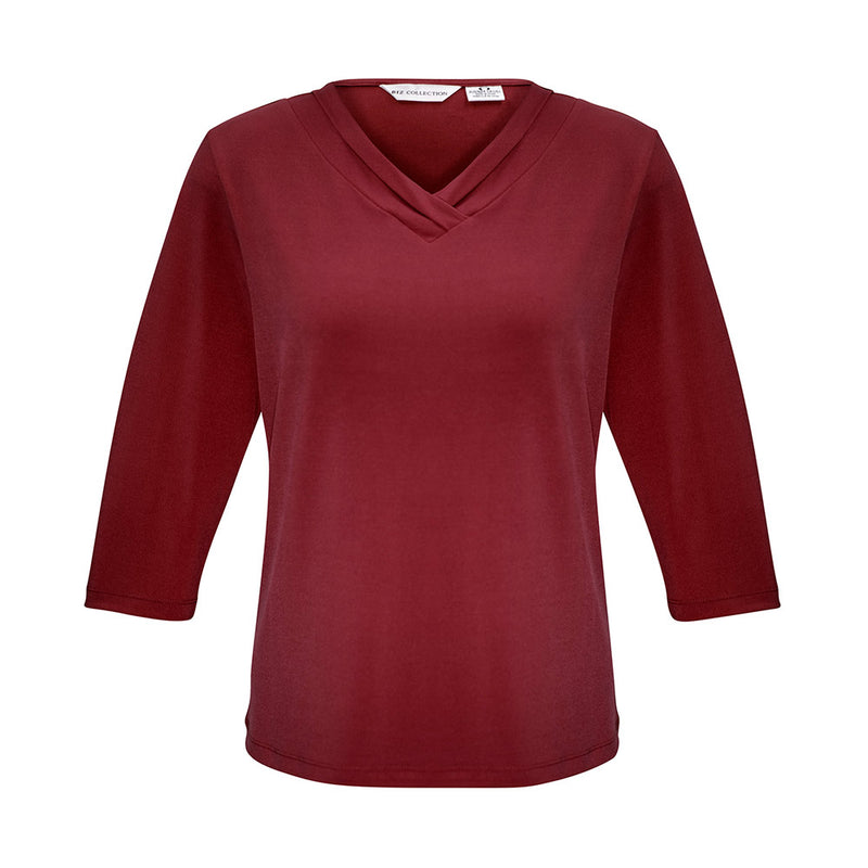 Load image into Gallery viewer, Biz Ladies Lana 3/4 Sleeve Top features a stylish pleat fold V-neck, showcasing a flattering jersey knit perfect for versatile wear, ideal for the modern working woman's wardrobe.