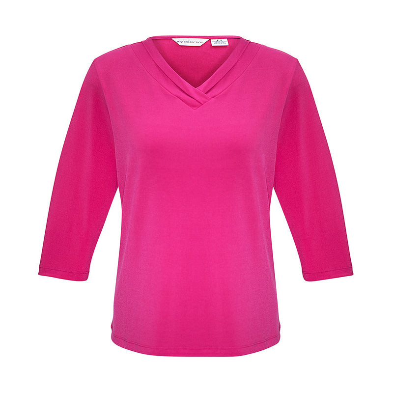 Load image into Gallery viewer, Biz Ladies Lana 3/4 Sleeve Top, featuring a pleat fold V-neck, designed in a flattering jersey knit. Ideal for versatile workwear, this top balances fashion and comfort, perfect for the modern working woman.