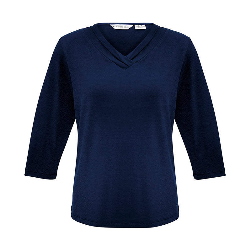 Load image into Gallery viewer, Biz Ladies Lana 3/4 Sleeve Top with pleat fold V-neck detail, designed for versatility and flattering fit, ideal for a modern working woman seeking a blend of style and comfort.