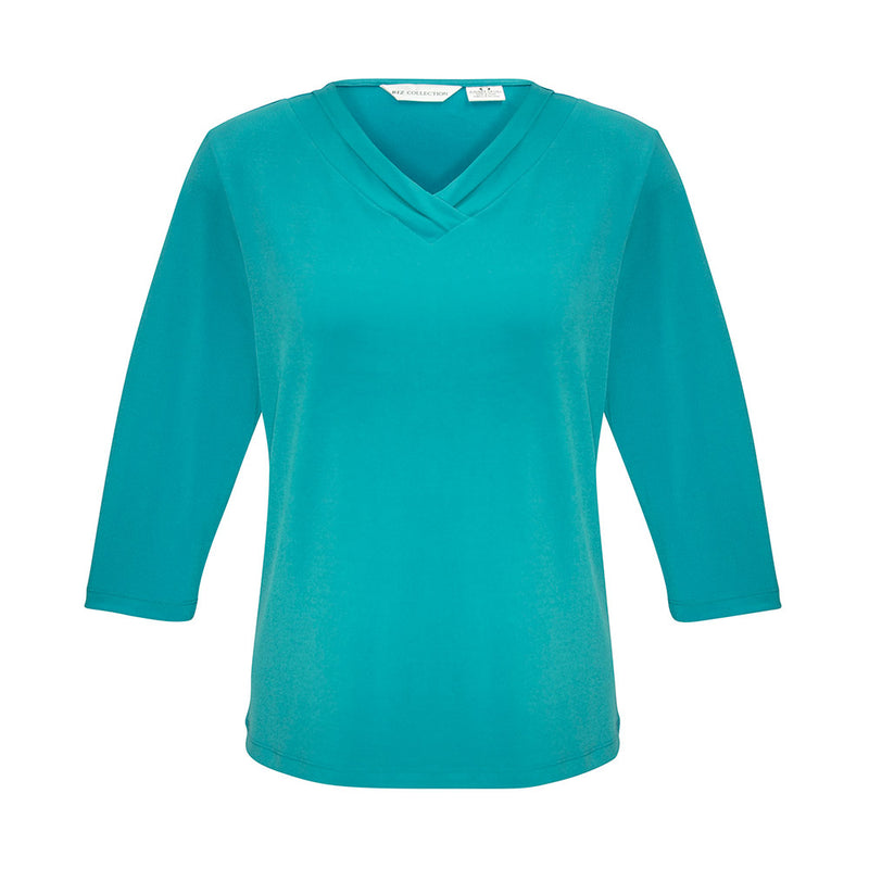 Load image into Gallery viewer, Biz Ladies Lana 3/4 Sleeve Top featuring a pleat fold V-neck and jersey knit material, ideal for versatile styling in workwear. Designed to flatter without clinging, suitable for professional settings.