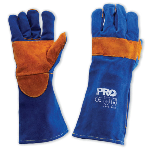 Pro Blue Heeler Kevlar Gloves, designed for safety and durability, feature reinforced palms and thumbs, ideal for welding and construction. The gloves are 406mm long, providing extensive forearm protection.