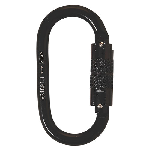 LINQ Double Action Steel Alloy 19mm Carabiner featuring a robust black metal design, offering exceptional strength with a sleek, cylindrical shape, ideal for safety and workplace use from Active Safety.