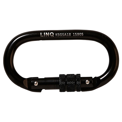 LINQ Screw Gate Steel Alloy 18mm Carabiner, featuring a robust black metal design with a screw gate mechanism, exemplifying strength and precision in safety equipment. Ideal for secure connections in height safety applications.