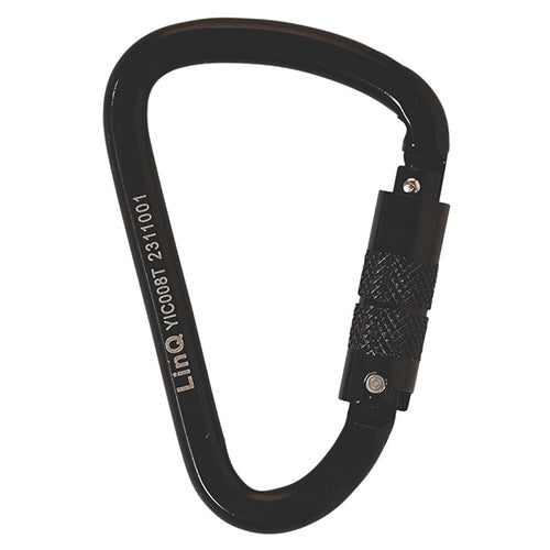LINQ Triple Action Steel Alloy 26mm Carabiner, a robust black metal tool ideal for safety applications, features a secure black handle, embodying Active Safety's commitment to high-quality safety products and equipment.