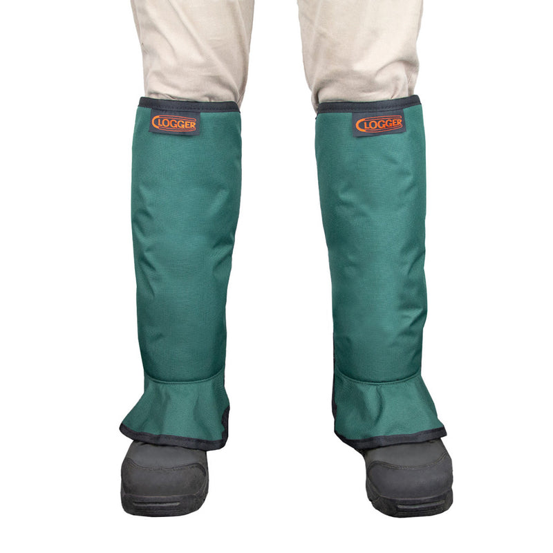 Load image into Gallery viewer, Clogger G2 Line Trimmer Chaps worn over green boots, showcasing durable, breathable design with elastic straps and over-boot flaps, ideal for landscaping protection. Designed in Invercargill, New Zealand.
