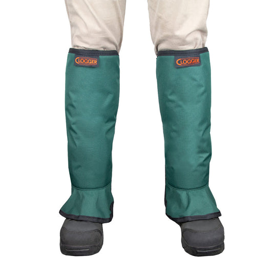 Clogger G2 Line Trimmer Chaps worn over green boots, showcasing durable, breathable design with elastic straps and over-boot flaps, ideal for landscaping protection. Designed in Invercargill, New Zealand.