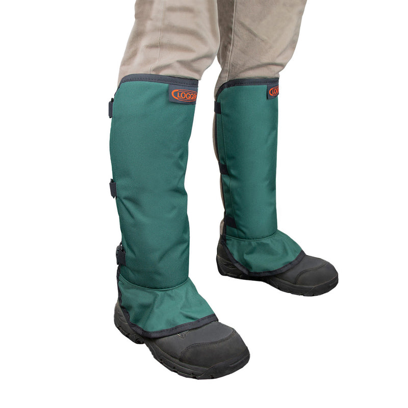Load image into Gallery viewer, Clogger G2 Line Trimmer Chaps with elastic straps and 3D impact protection, designed in Invercargill for landscaping safety. Features over-boot flap and durable construction, ideal for protecting lower legs during power tool use.