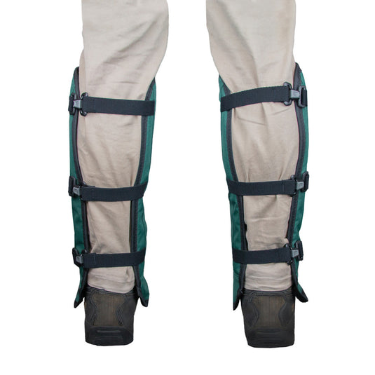 Clogger G2 Line Trimmer Chaps, designed in Invercargill, New Zealand, showcase breathable fabric with elastic straps and an over boot flap, offering durable protection for landscaping tasks without Velcro or loose tails.