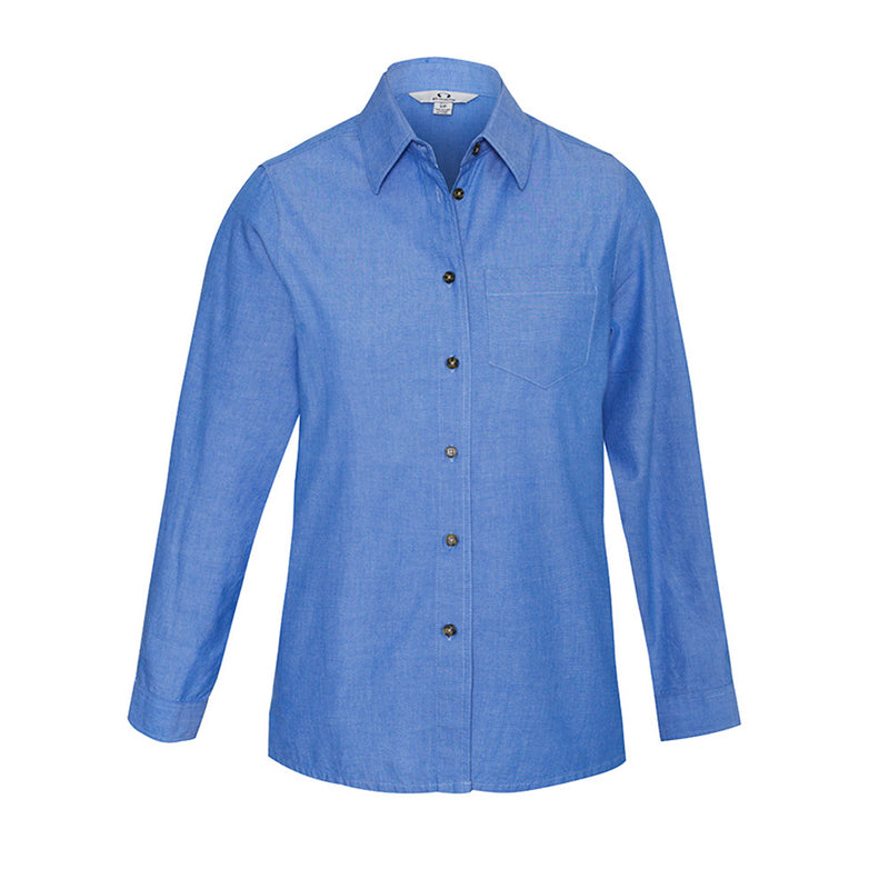 Load image into Gallery viewer, Biz Womens Long Sleeve Shirt, Chambray Blue: A loose-fitting, wrinkle-resistant work shirt with a button-up front, collar, and left chest pocket, ideal for workplace safety and comfort.