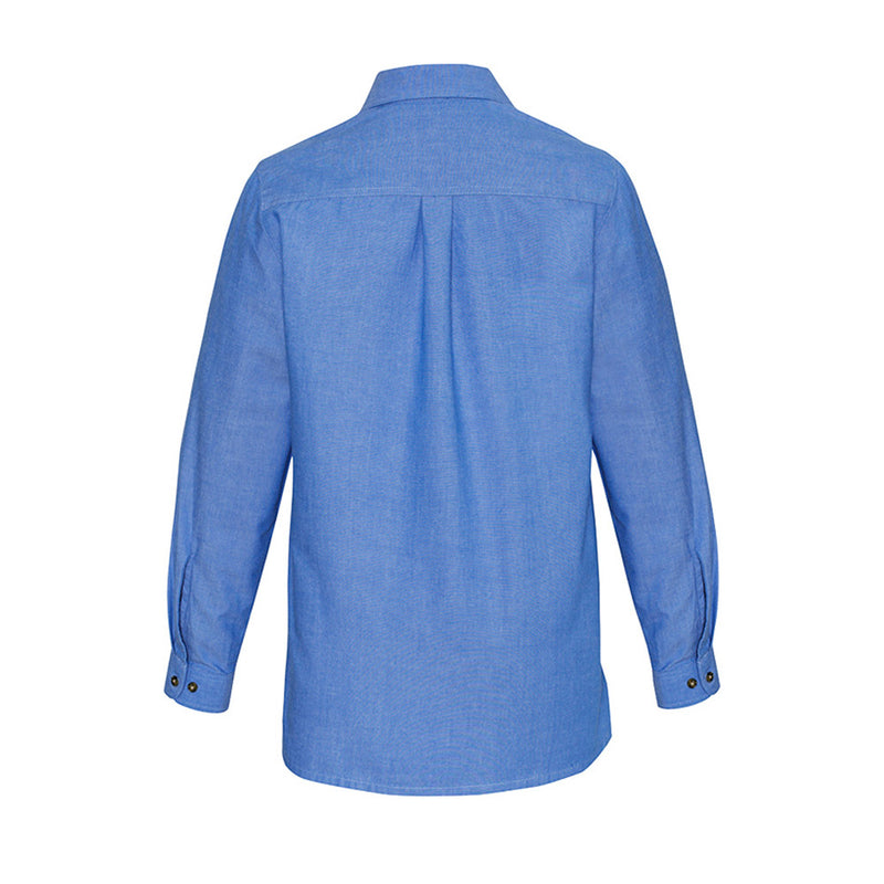 Load image into Gallery viewer, Biz Womens Long Sleeve Shirt, Chambray Blue features a relaxed fit with a straight hemline, functional chest pocket, box pleat back, and tortoise shell buttons, ideal for workplace attire.