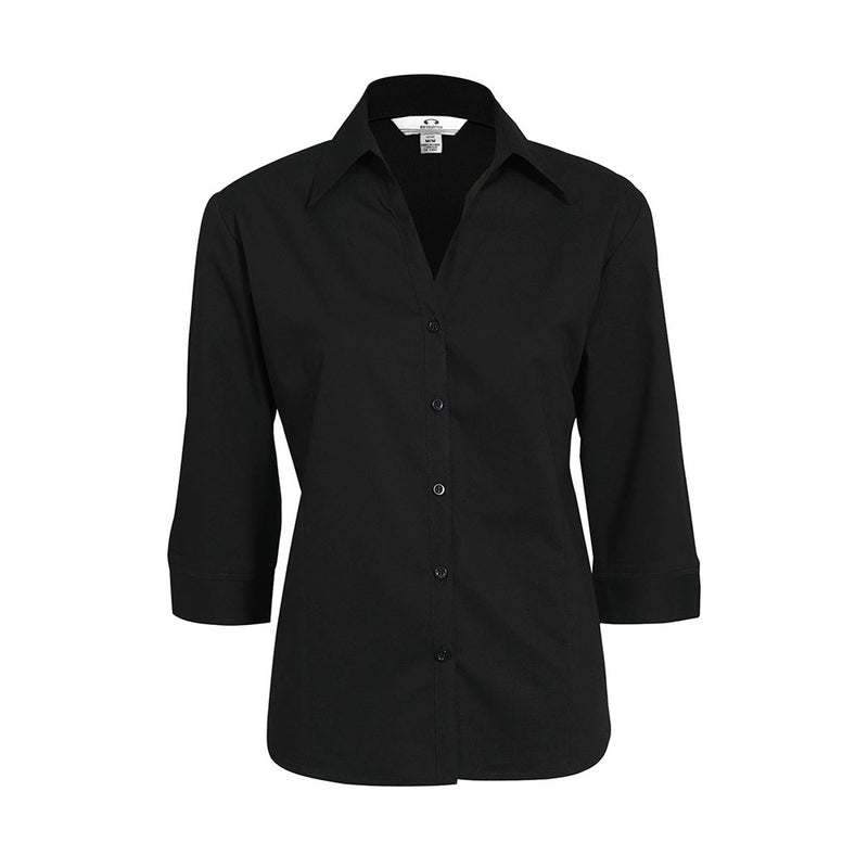 Load image into Gallery viewer, Biz Metro Ladies 3/4 Shirt with cuffed sleeves and an open Y-shaped neckline, showcasing a slimline placket and curved hemline, ideal for professional workwear settings.