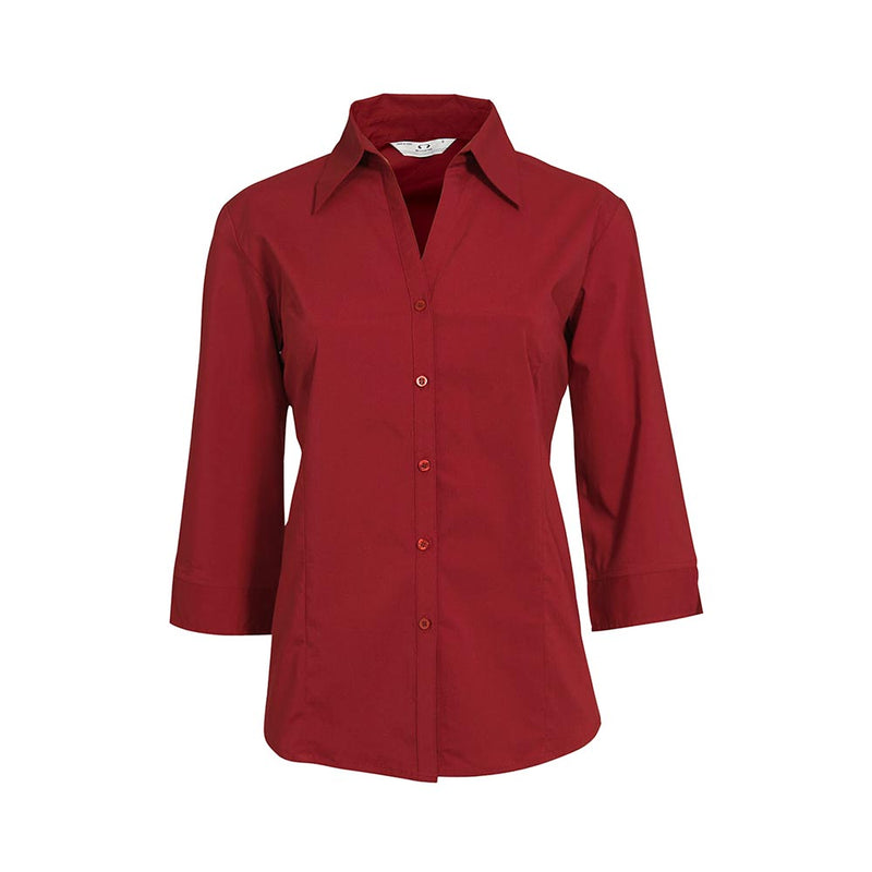 Load image into Gallery viewer, Biz Metro Ladies 3/4 Shirt displayed on a mannequin, showcasing its Y-shaped open neckline, cuffed sleeves, and curved hemline, crafted from comfortable stretch cotton fabric, ideal for workplace attire.