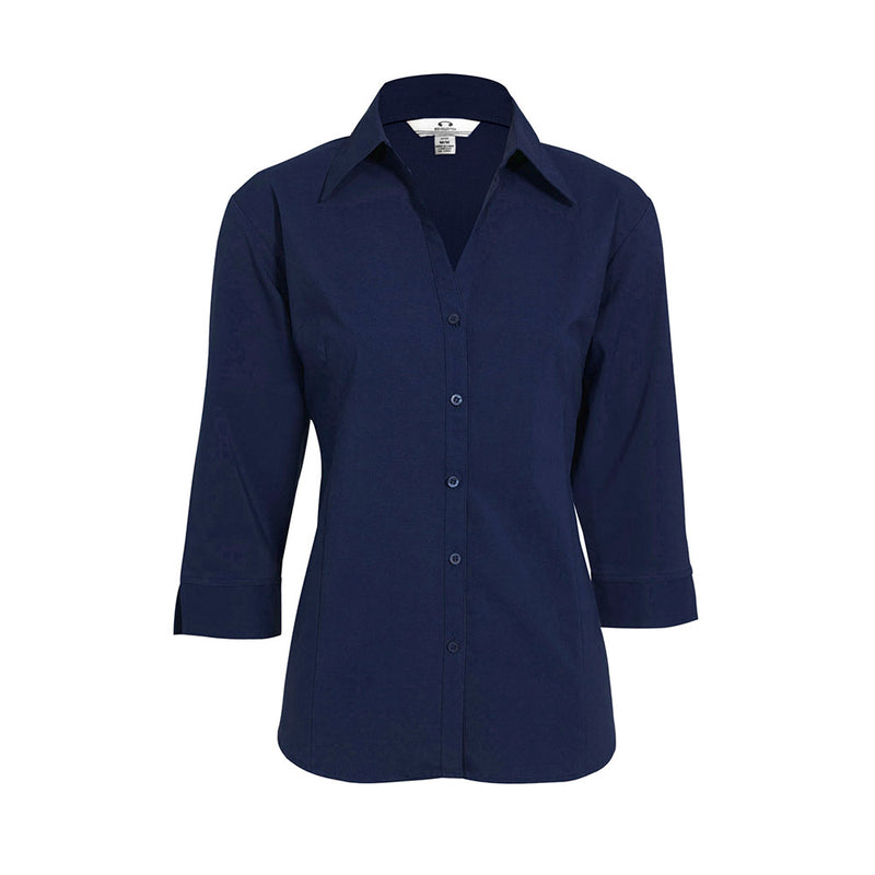 Load image into Gallery viewer, Biz Metro Ladies 3/4 Shirt with a Y-shaped open neckline, cuffed sleeves, and slimline placket; crafted from stretch cotton for comfort, ideal for workplace uniform requirements.
