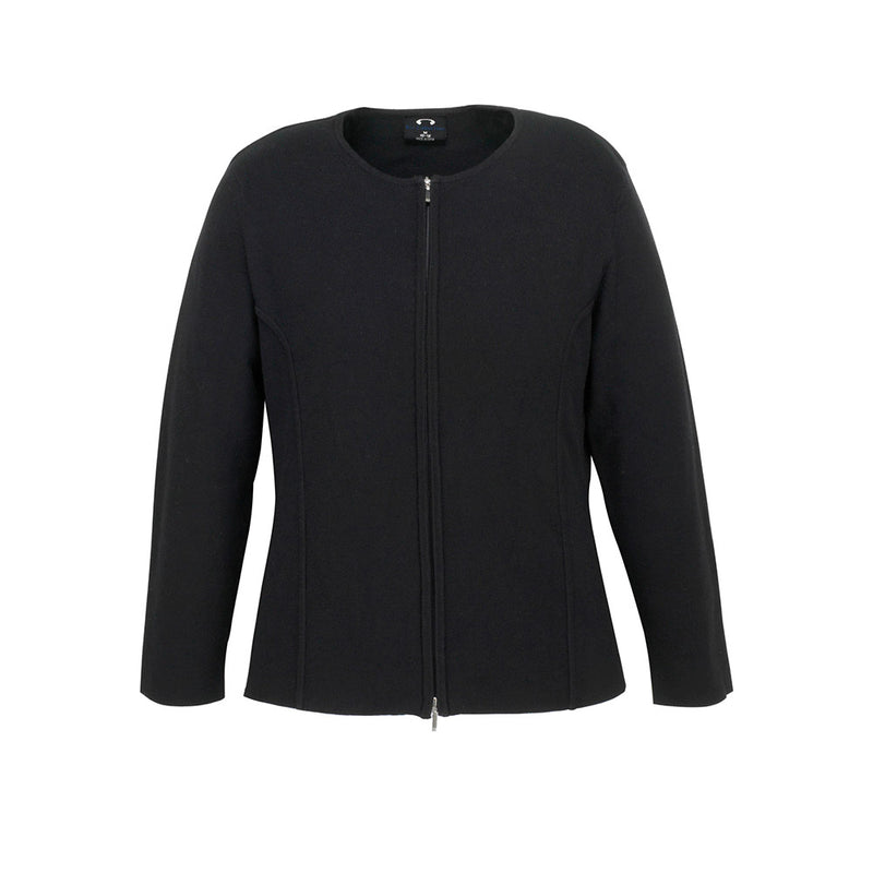 Load image into Gallery viewer, Biz Womens 2-Way Zip Cardigan, a black outerwear piece with a practical two-way zipper, ideal for workplace versatility. Made from viscose and nylon, it combines style with comfort.