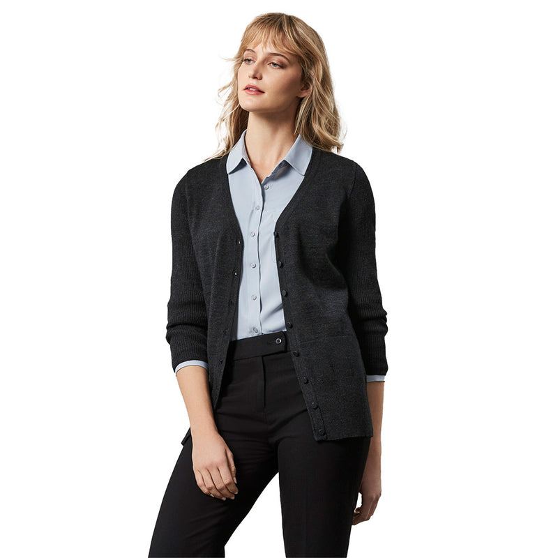 Load image into Gallery viewer, Biz Womens Milano Cardigan showcased as an elegant, modern longline cardigan with ribbed sleeves and hem. Perfect for layering, its slim-line button placket offers versatility in workplace and safety environments.