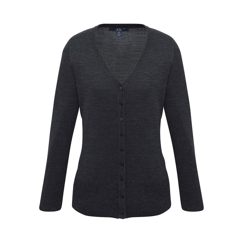 Load image into Gallery viewer, Biz Womens Milano Cardigan, a longline merino wool blend sweater, features a slim-line button-through placket with unique ribbed sleeves and hem, ideal for versatile year-round layering.