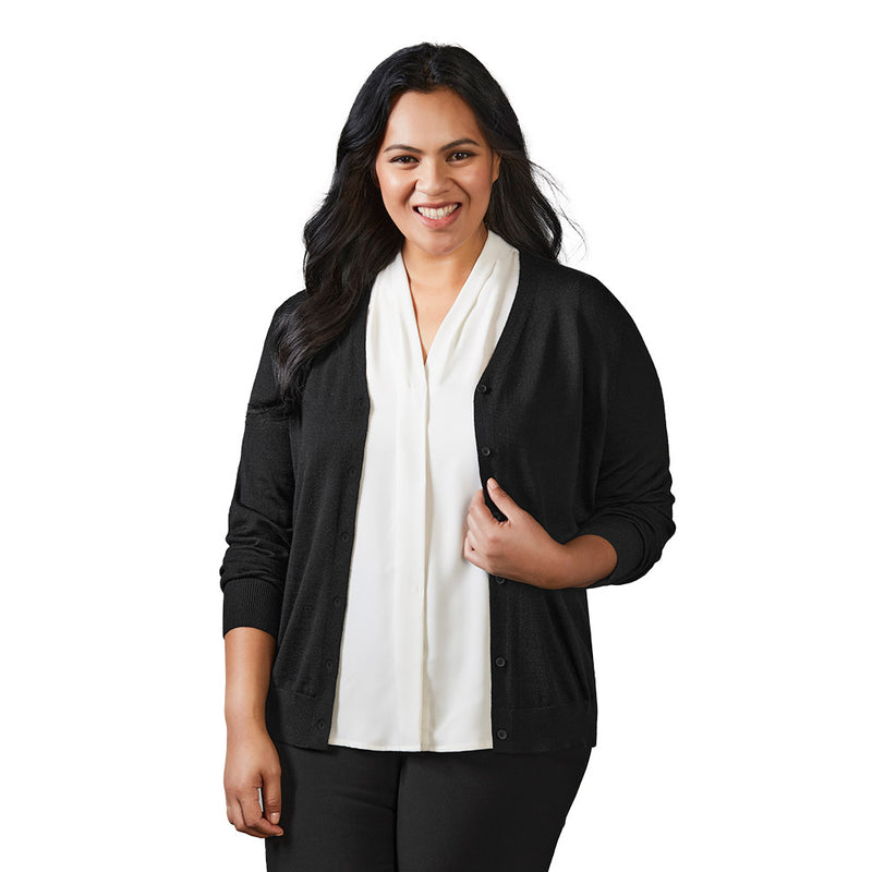Load image into Gallery viewer, Biz Womens Roma Knit Cardigan worn by a smiling woman, showcasing its modern V-neck and button-through style. The cardigan is hip-length with softly ribbed cuffs and hem, ideal for workplace wear.