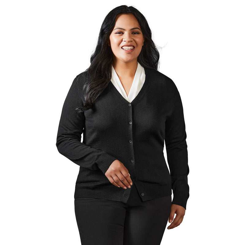 Load image into Gallery viewer, Biz Womens Roma Knit Cardigan, featuring a modern V-neck and button-through style. Made from a merino wool-blend, it offers warmth and professional appeal, ideal for workplace settings.