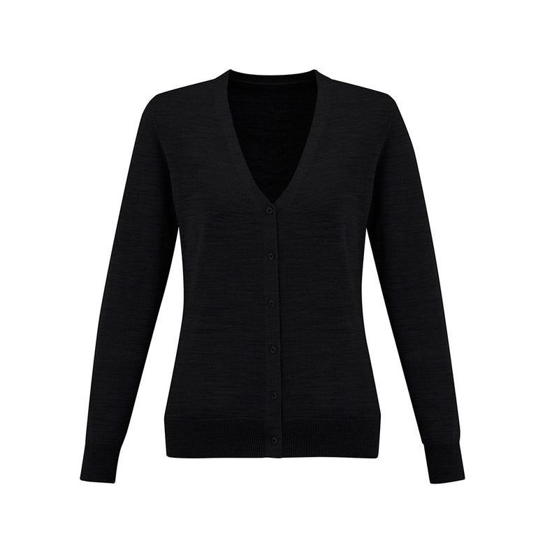 Load image into Gallery viewer, Biz Womens Roma Knit Cardigan displayed with button-through style and V-neck, ideal for workplace attire, featuring a hip-length cut with softly ribbed cuffs and hem, exemplifying modern yet professional knitwear design.