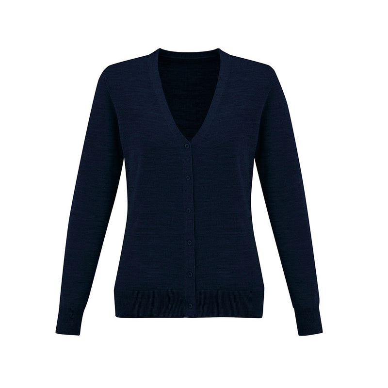 Load image into Gallery viewer, Biz Womens Roma Knit Cardigan, featuring a V-neck and button-through style, showcases a professional design with long sleeves and ribbed cuffs, ideal for workplace settings.