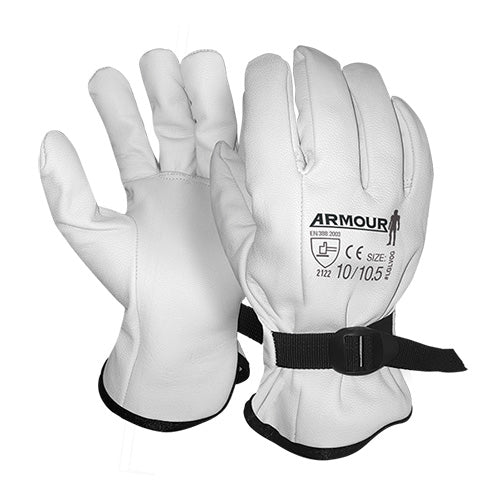 Armour Low Voltage Leather Overglove featuring a pull strap and plastic buckle for secure closure, designed to extend the life of latex gloves and enhance grip, ideal for electrical environments.